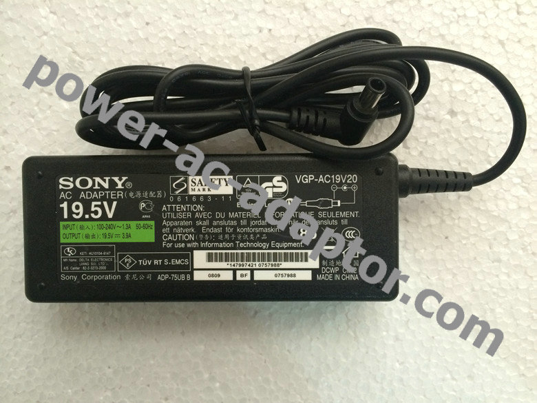 Original 75W 19.5V 3.9A Sony Vaio VGN-BX51VN AC Adapter Cord